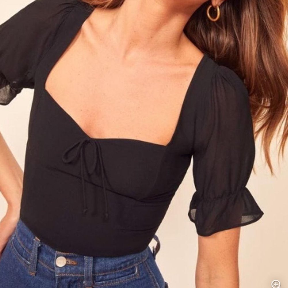 Reformation Black Delevan Puff Sleeve Smocked Top
